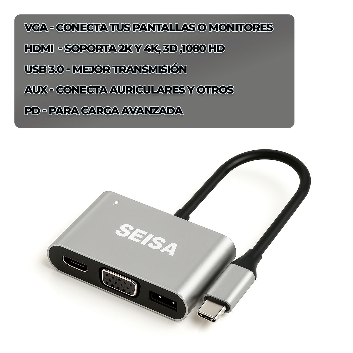SEISA - Adaptador Multifuncional Usb tipo C a Hdmi Vga Auxiliar USB 3.0 y Aux