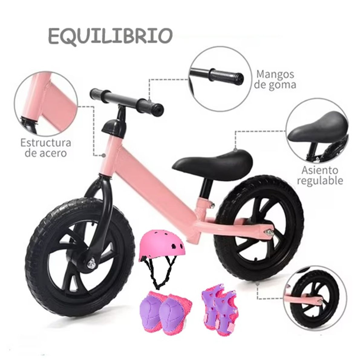 GENERICO - Bicicleta De Equilibrio Aro12 Ajustable + Pack de Proteccion  Color - Rosado