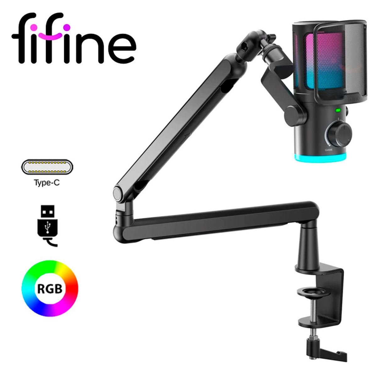 FIFINE - Micrófono FIFINE TAM6 Black con Brazo  Condensador USB RGB