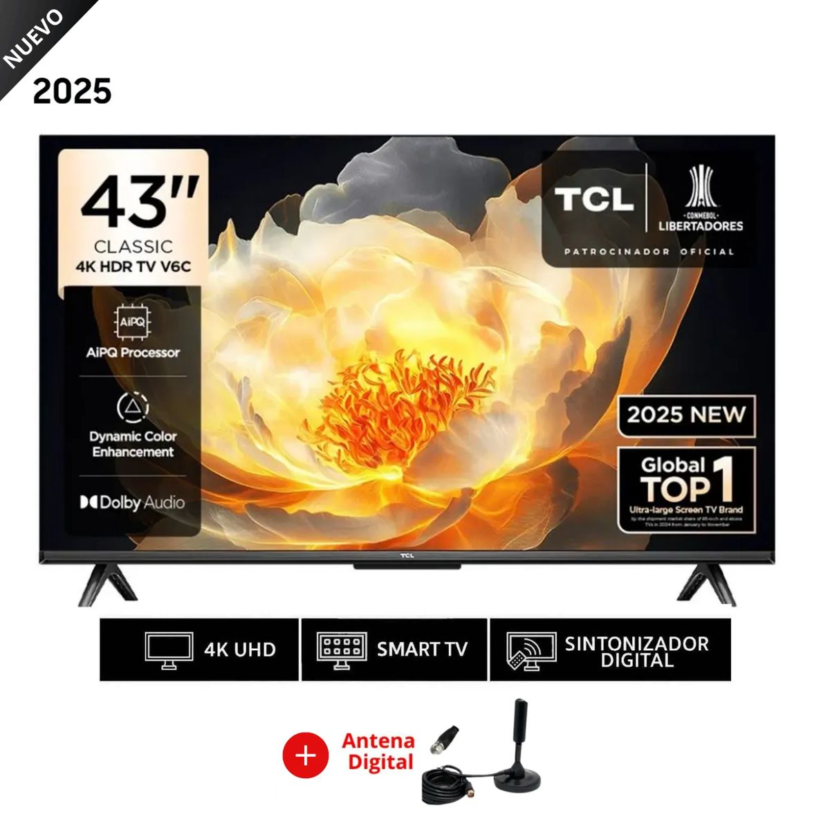 TCL - Televisor Smart TV 43 LED 4K UHD Negro TCL 43V6C + ANTENA