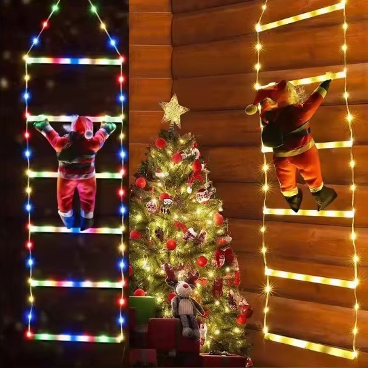 OEM - GUIRNALDA LED RGB NAVIDEÑAS DE 2MTS CON FORMA DE ESCALERA CON PAPÁ NOEL