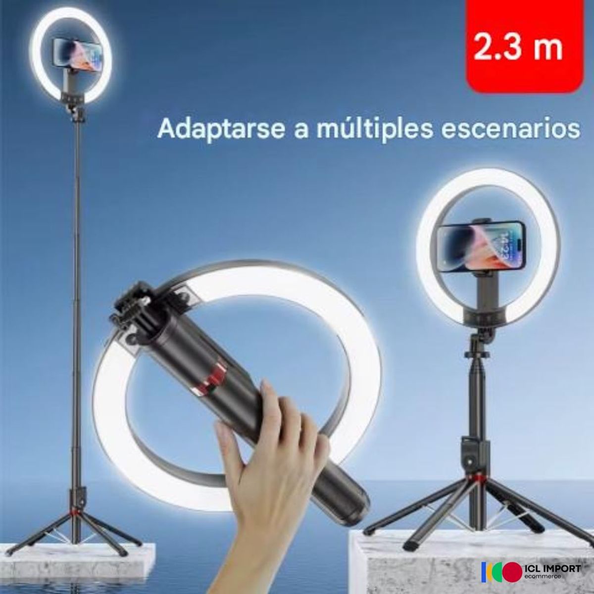 OEM - ARO DE LUZ RECARGABLE DE 26cm EN TRIPODE TELESCOPICO DE ALUMINIO DE 230cm