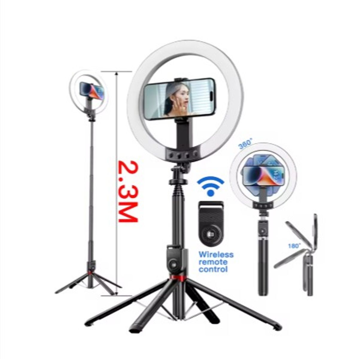 OEM - ARO DE LUZ RECARGABLE DE 26cm EN TRIPODE TELESCOPICO DE ALUMINIO DE 230cm