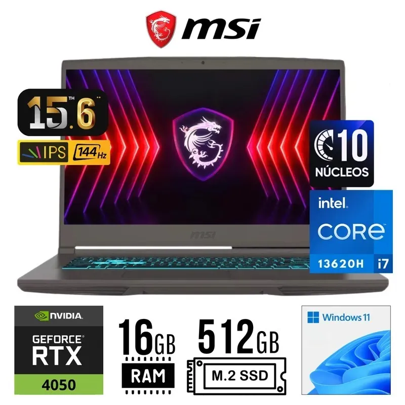 MSI - Laptop MSI Thin 15 B13VE 156 i7 13620H 16GB 512GB SSD RTX 4050 VIDEO 6GB 144Hz