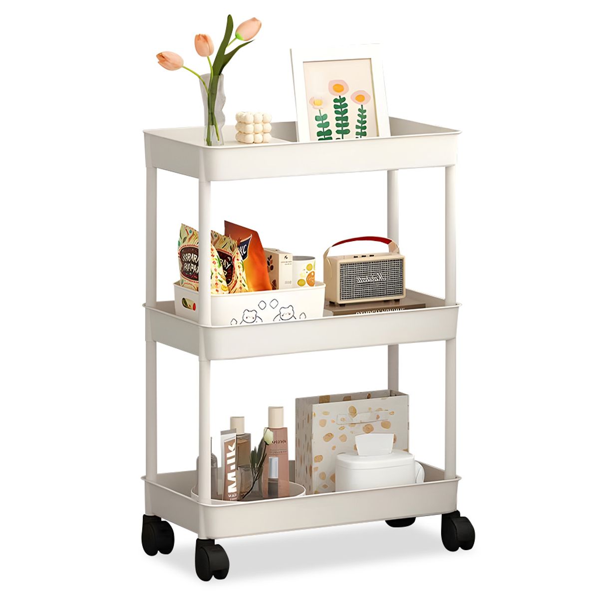 KELLER - Carrito Organizador Estante 3 Niveles con Ruedas para Dormitorio B23