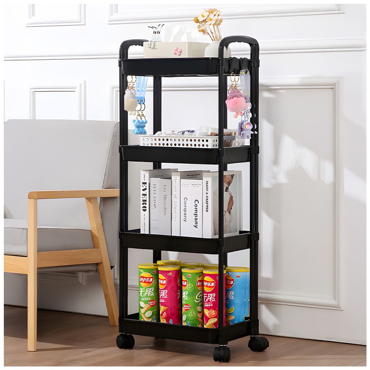 KELLER - Carrito Organizador 4 Niveles con Ruedas y Colgadores para Dormitorio Negro C78