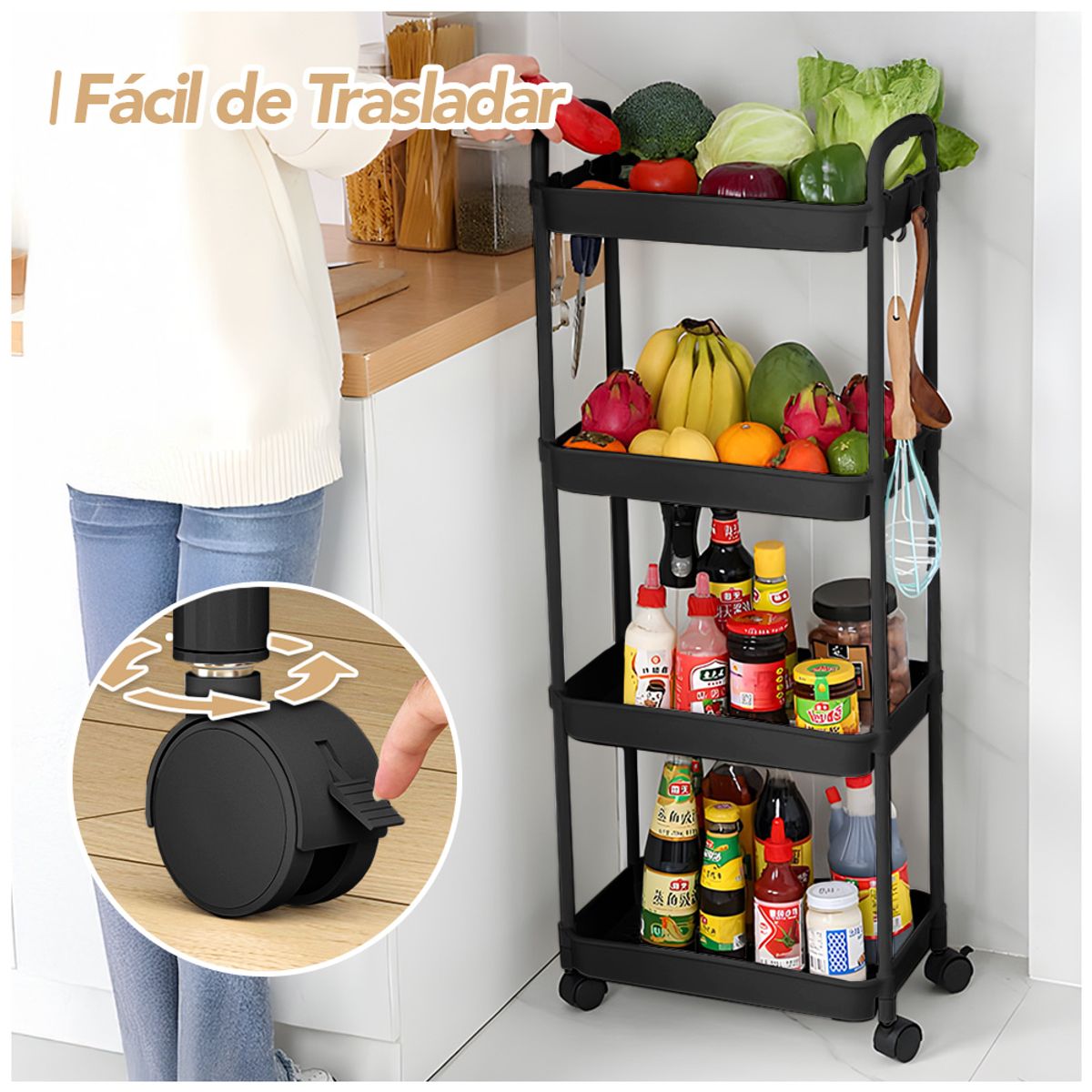 KELLER - Carrito Organizador 4 Niveles con Ruedas y Colgadores para Dormitorio Negro C78