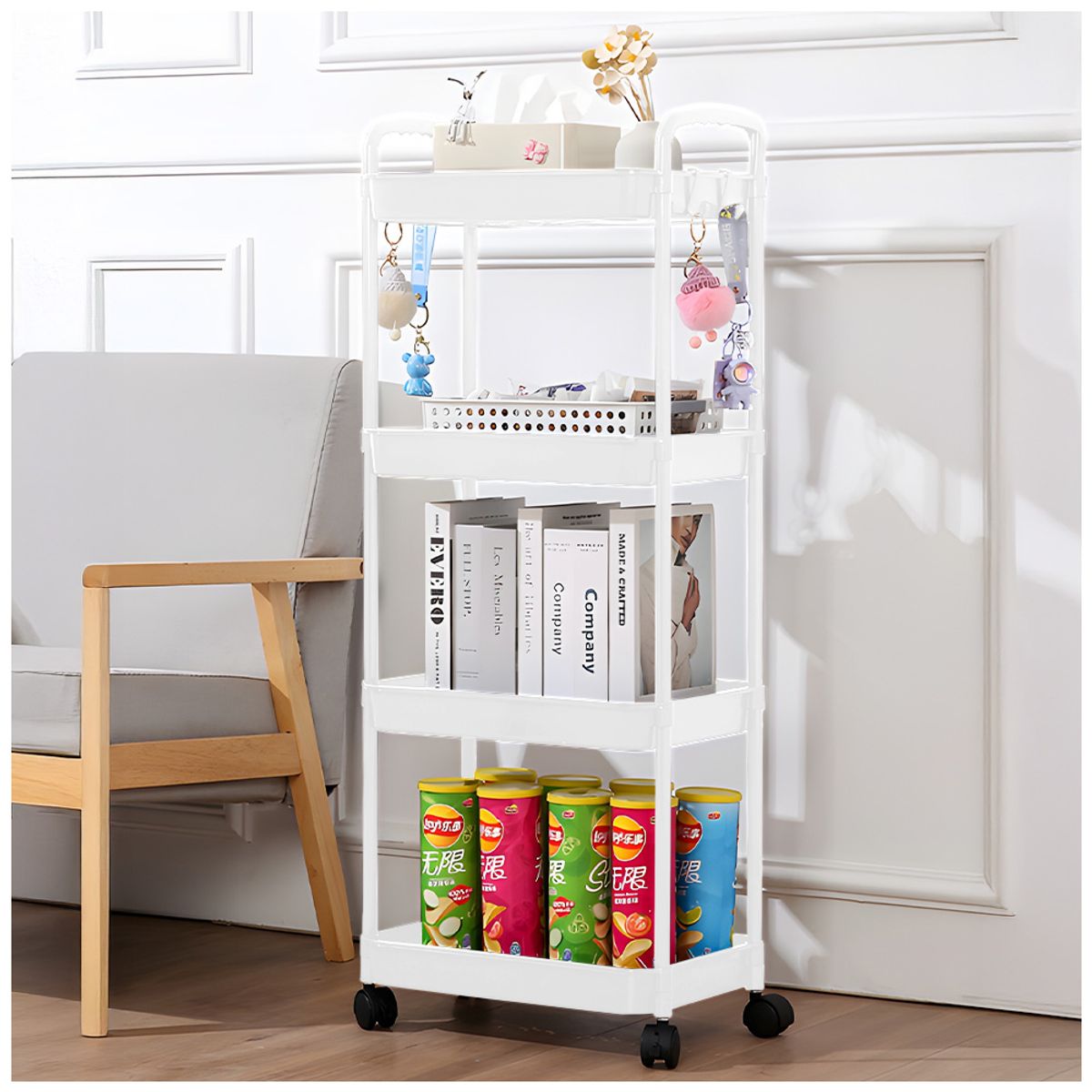 KELLER - Carrito Organizador 4 Niveles con Ruedas y Colgadores para Dormitorio Blanco C78