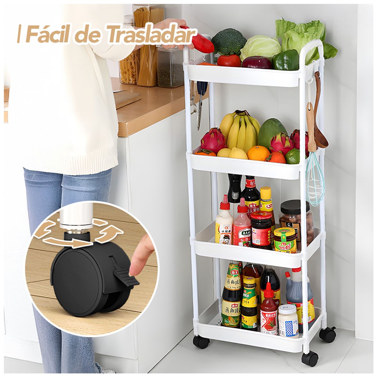 KELLER - Carrito Organizador 4 Niveles con Ruedas y Colgadores para Dormitorio Blanco C78