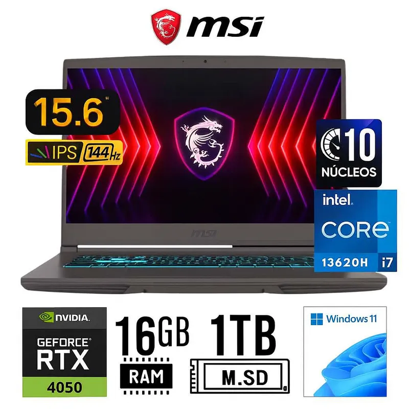 MSI - Laptop Gamer MSI Thin 15 156 i7 13va 16GB 1TB SSD RTX 4050 VIDEO 6GB FHD 144Hz