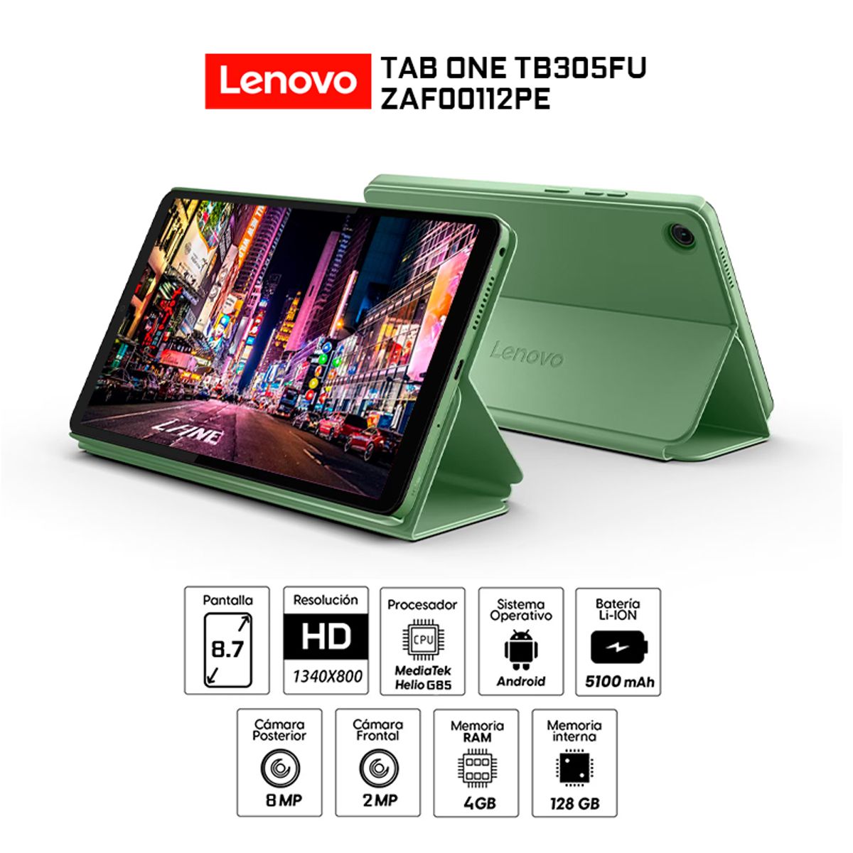 LENOVO - Tablet Lenovo Tab One TB305FU 4Gb Ram/ 128Gb eMMC/ 8.7″/ Android 14 + Folio Case/ ZAF00112PE-Green