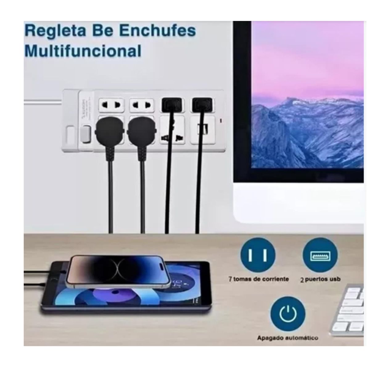 GENERICO - Extension Toma Corriente Carga Rapida 7 Tomas Enchufe 2 USB 3m