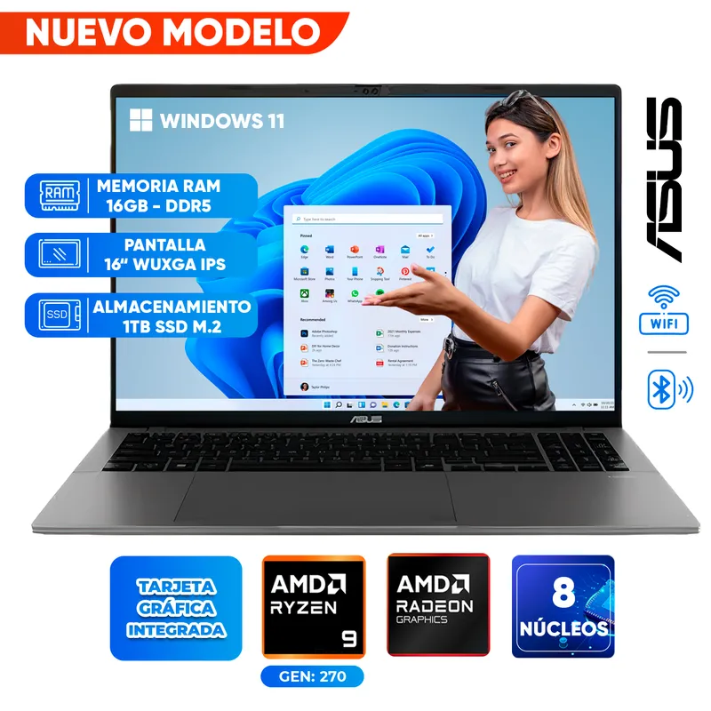 ASUS - Laptop ASUS M3607HA-RP066, AMD RYZEN 9 270, 16GB DDR5, 1TB SSD, 16" WUXGA IPS