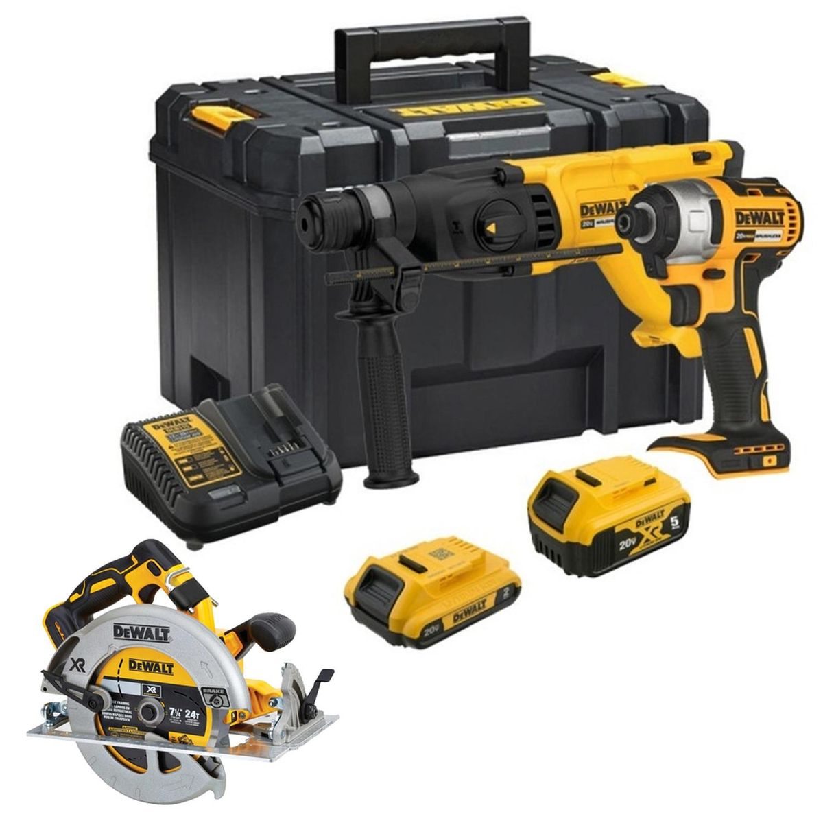 DEWALT - Rotomartillo Sds-Plus + Atornillador 1/4" 2 Bat + Sierra 7 1/4'' 20V XR Dewalt DCK260D1P1T-K13