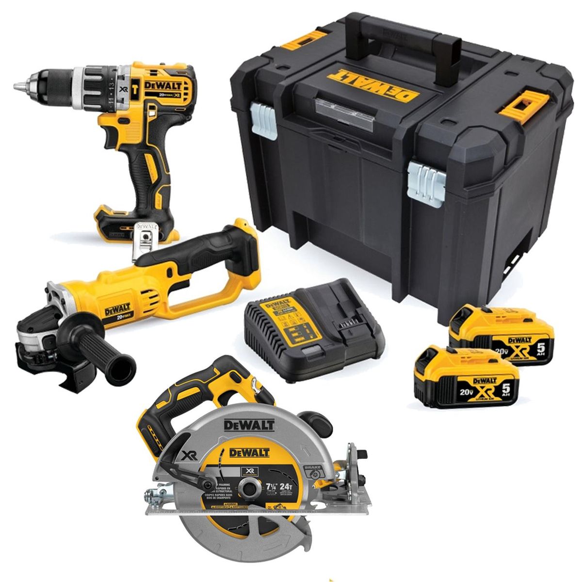 DEWALT - Taladro 1/2" + Amoladora 4 1/2" 2 Bat + Sierra Circular 7 1/4'' 20V Dewalt DCK209P2T-K14