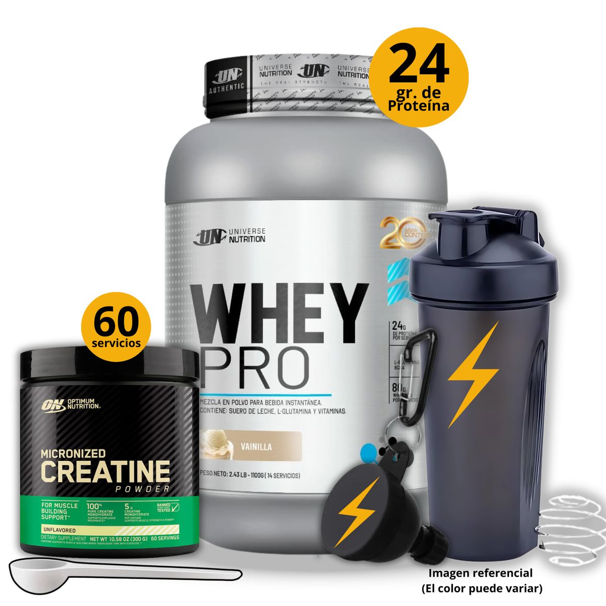 UNIVERSE NUTRITION - Proteína Whey pro de 1kg Vainilla + Creatina Optimum Nutrition de 300gr + regalos