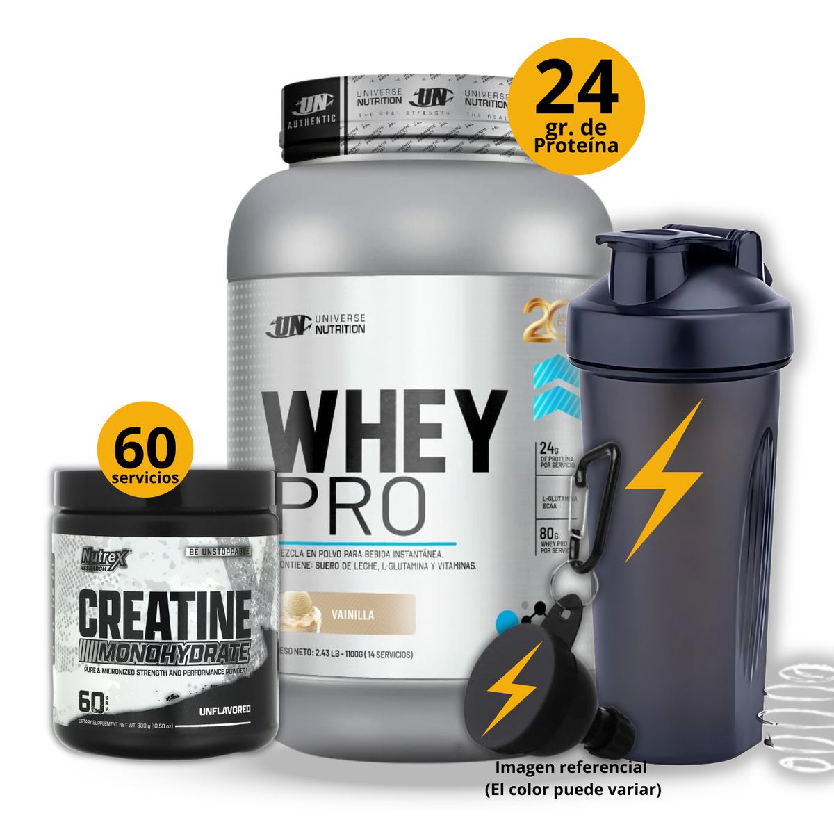 UNIVERSE NUTRITION - Proteína Whey pro de 1kg Vainilla + Creatina Nutrex de 300gr + regalos