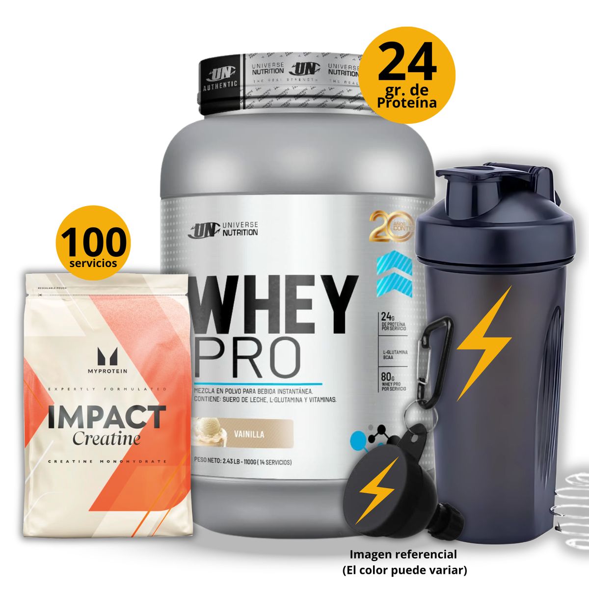 Universe Nutrition - Proteína Whey pro de 1kg Vainilla + Creatina Myprotein de 500gr + regalos