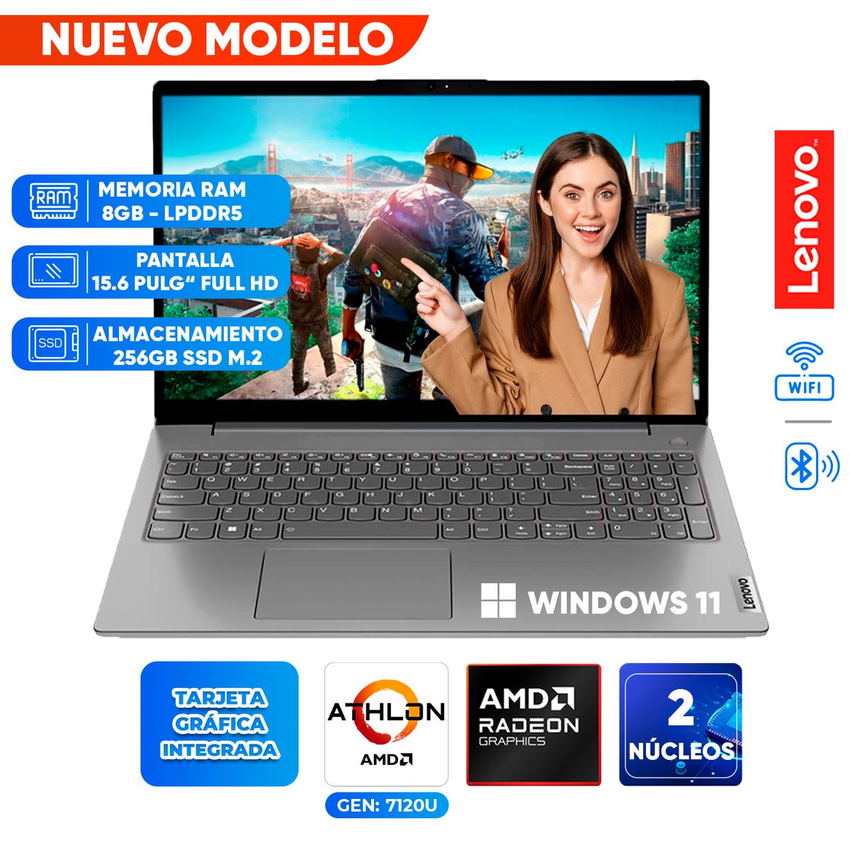 LENOVO - Laptop Lenovo V15 G4 AMN, AMD ATHLON SILVER 7120U, 8GB LPDDR5, 256GB SSD, 15.6 PULG FULL HD
