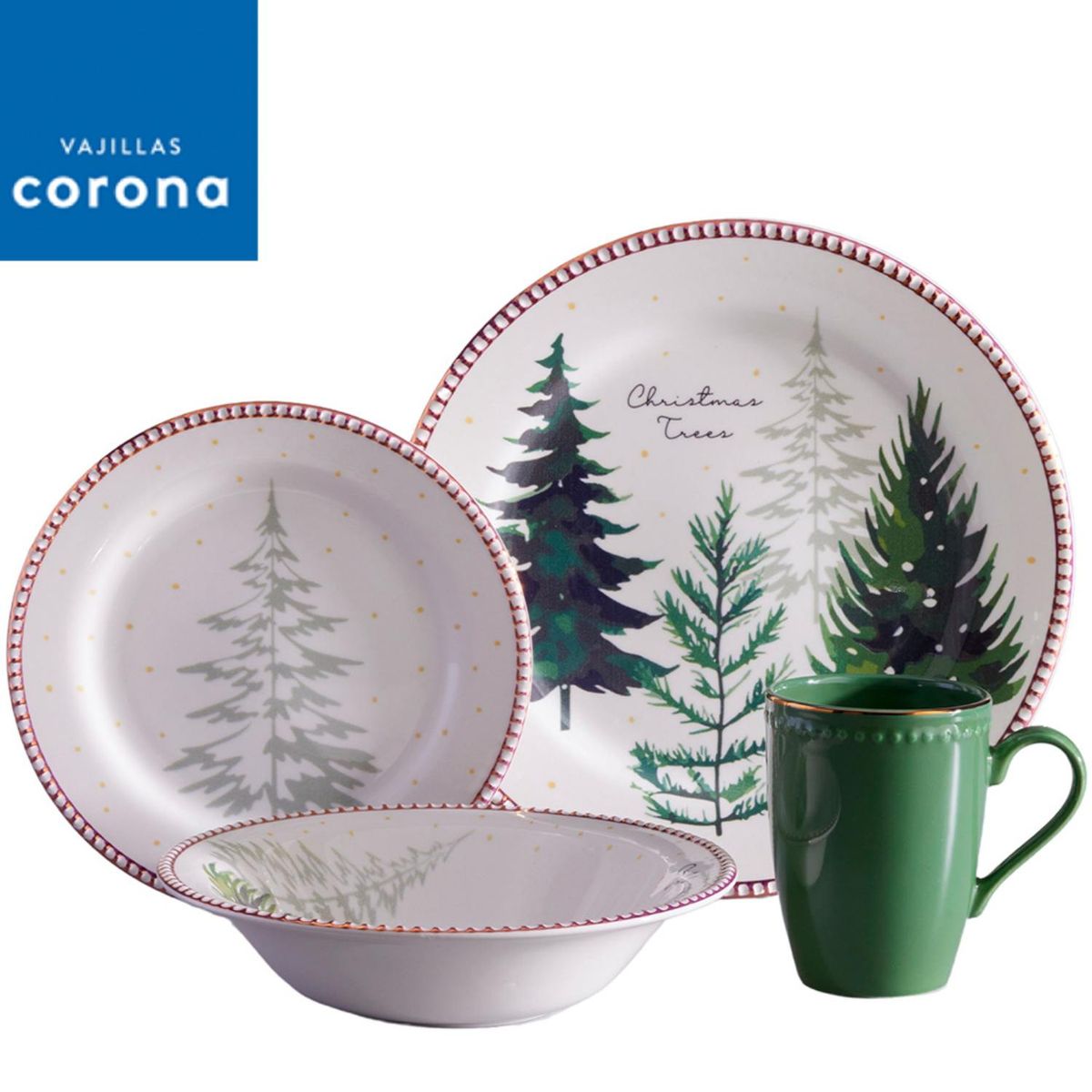 CORONA - Vajilla Corona 4 Puestos 16 Piezas Christmas Trees