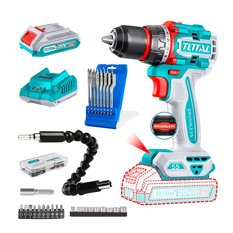 TOTAL - Taladro Atornillador Brushless 20v juego Brocas Planas+Acce