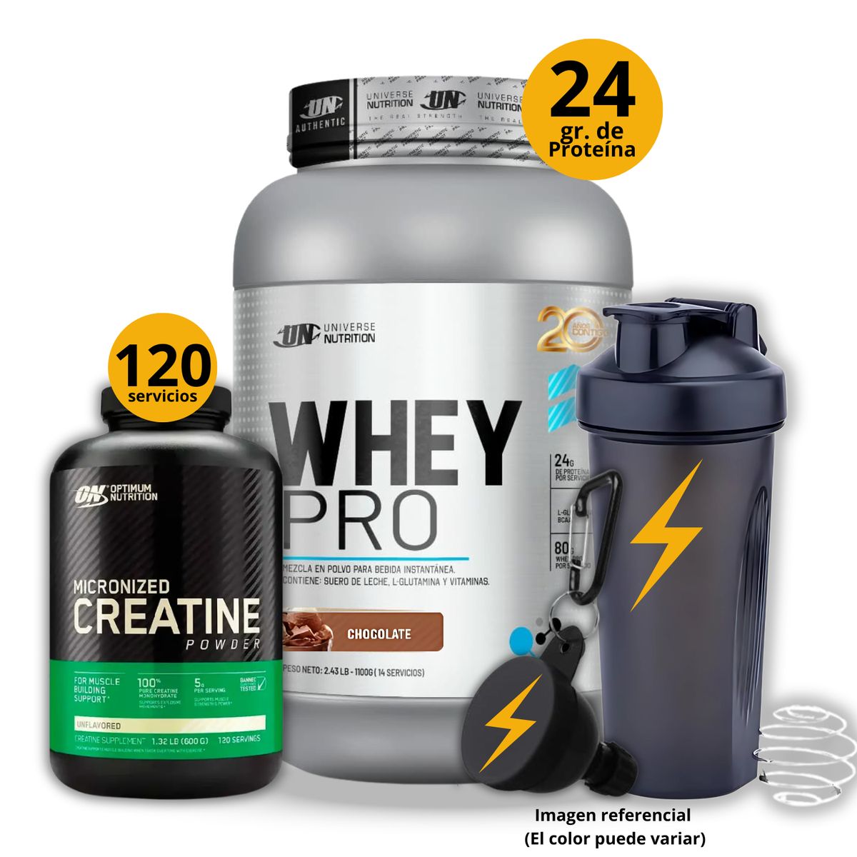 UNIVERSE NUTRITION - Proteína Whey pro de 1kg Chocolate + Creatina Optimum Nutrition de 600gr + regalos