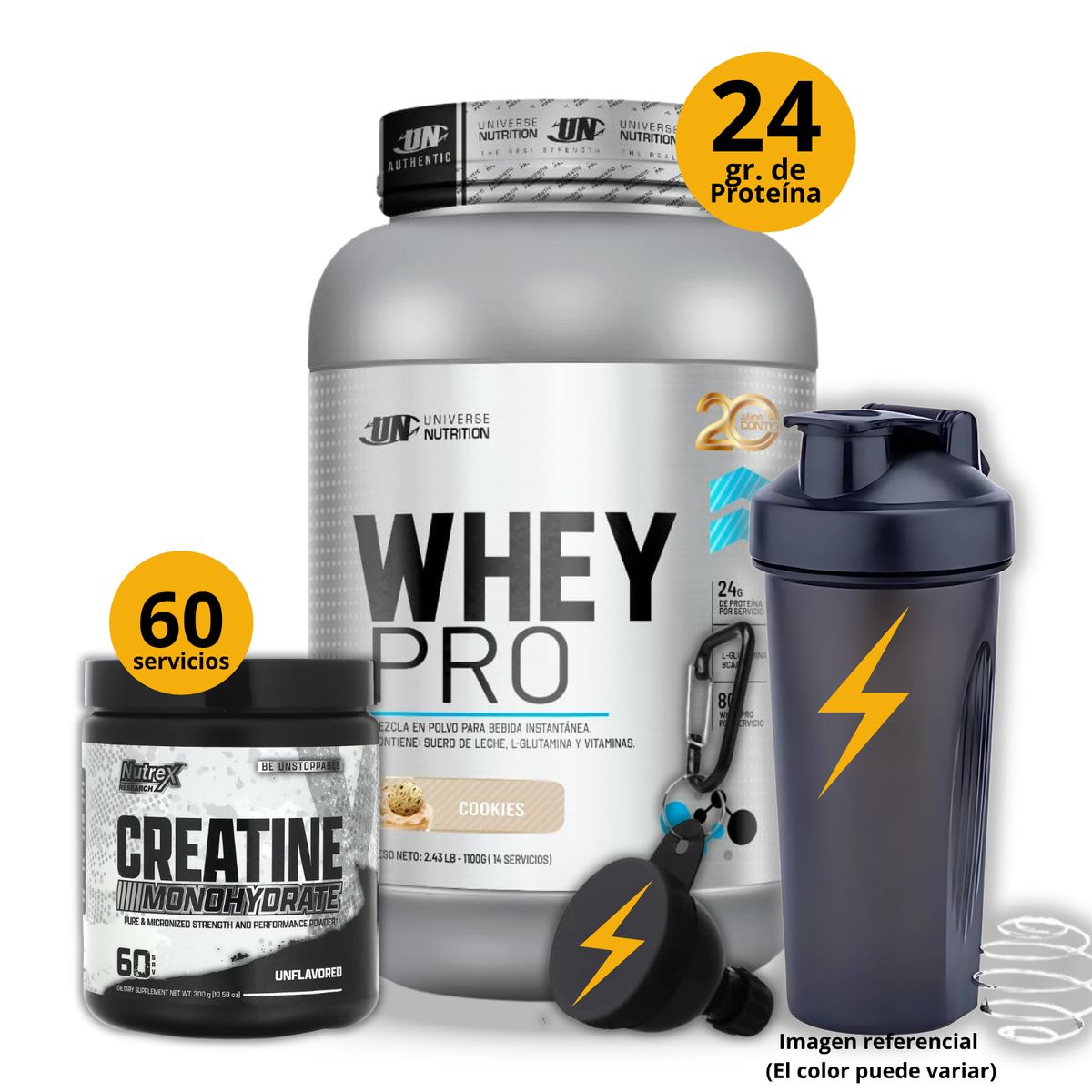 UNIVERSE NUTRITION - Proteína Whey pro de 1kg Galleta + Creatina Nutrex de 300gr + regalos