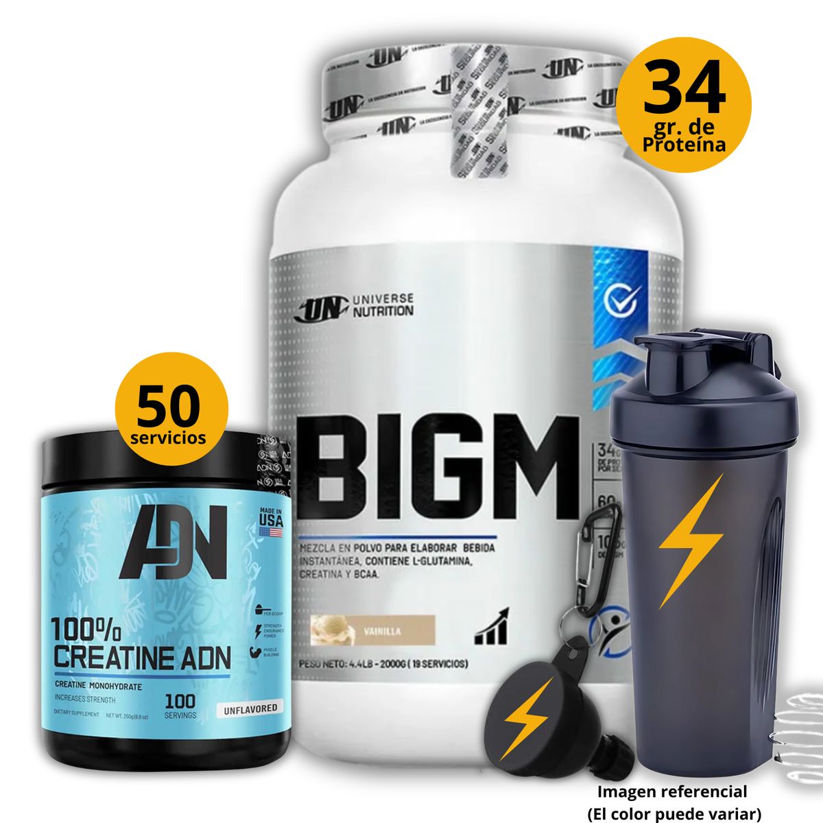 UNIVERSE NUTRITION - Ganador de masa Big M de 2kg Vainilla + Creatina ADN de 250gr + regalos