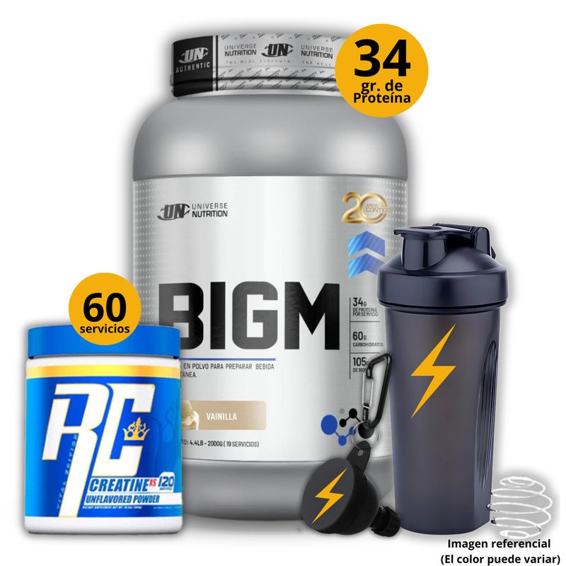 UNIVERSE NUTRITION - Ganador de masa Big M de 2kg Vainilla + Creatina Ronnie Coleman de 300gr + regalos
