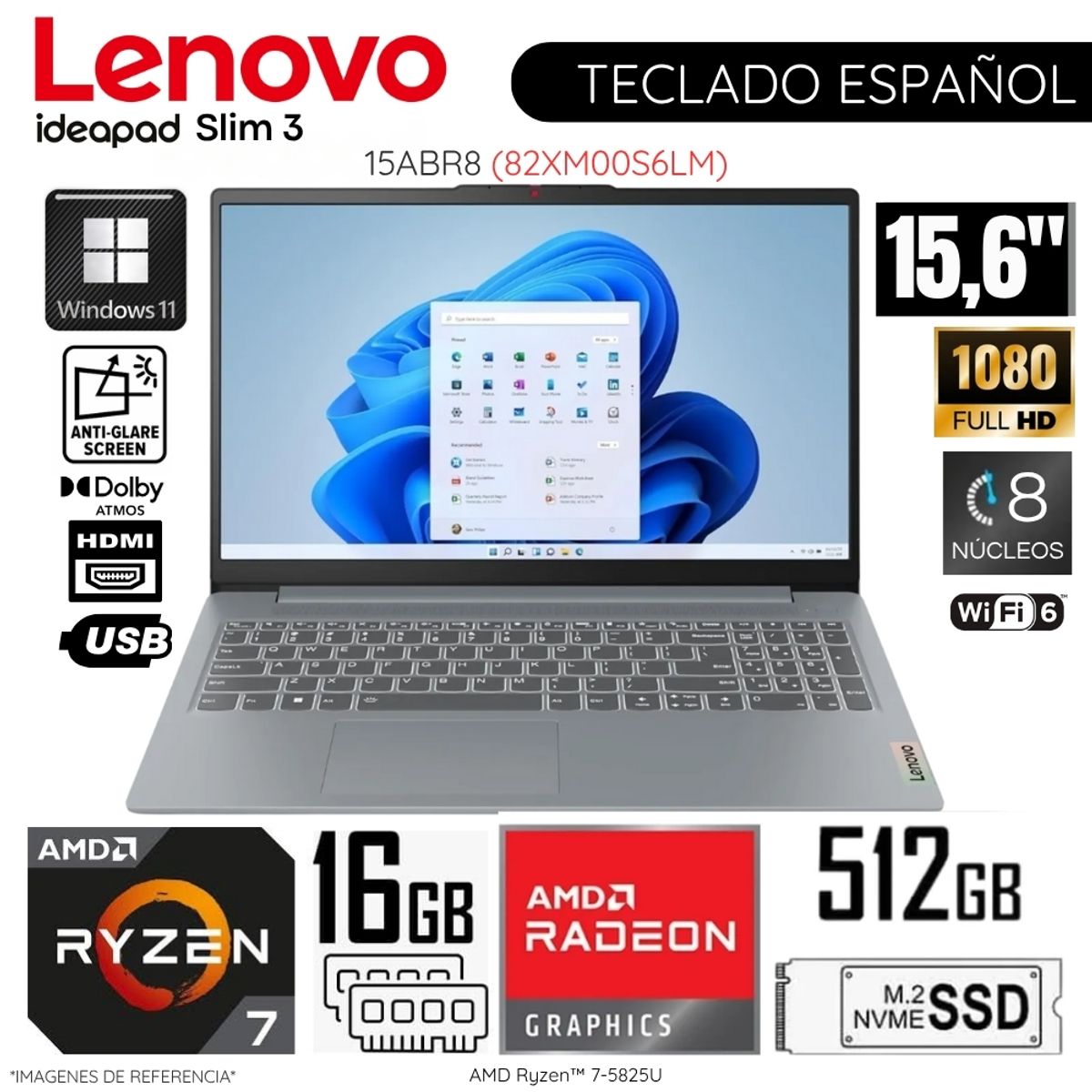 LENOVO - Laptop Lenovo Ideapad Slim 3 AMD Ryzen 7 5825U 16GB RAM 512GB SSD 15.6"  FHD - 82XM00S6LM