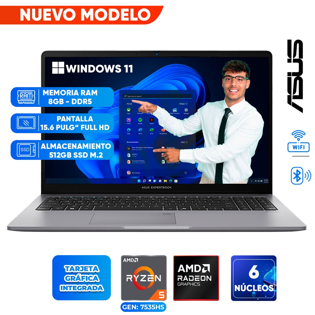 ASUS - Laptop Asus PM1503CDA-S70013, AMD Ryzen 5 7535HS, 8GB DDR5, 512GB SSD, 15.6 PULG LED FHD