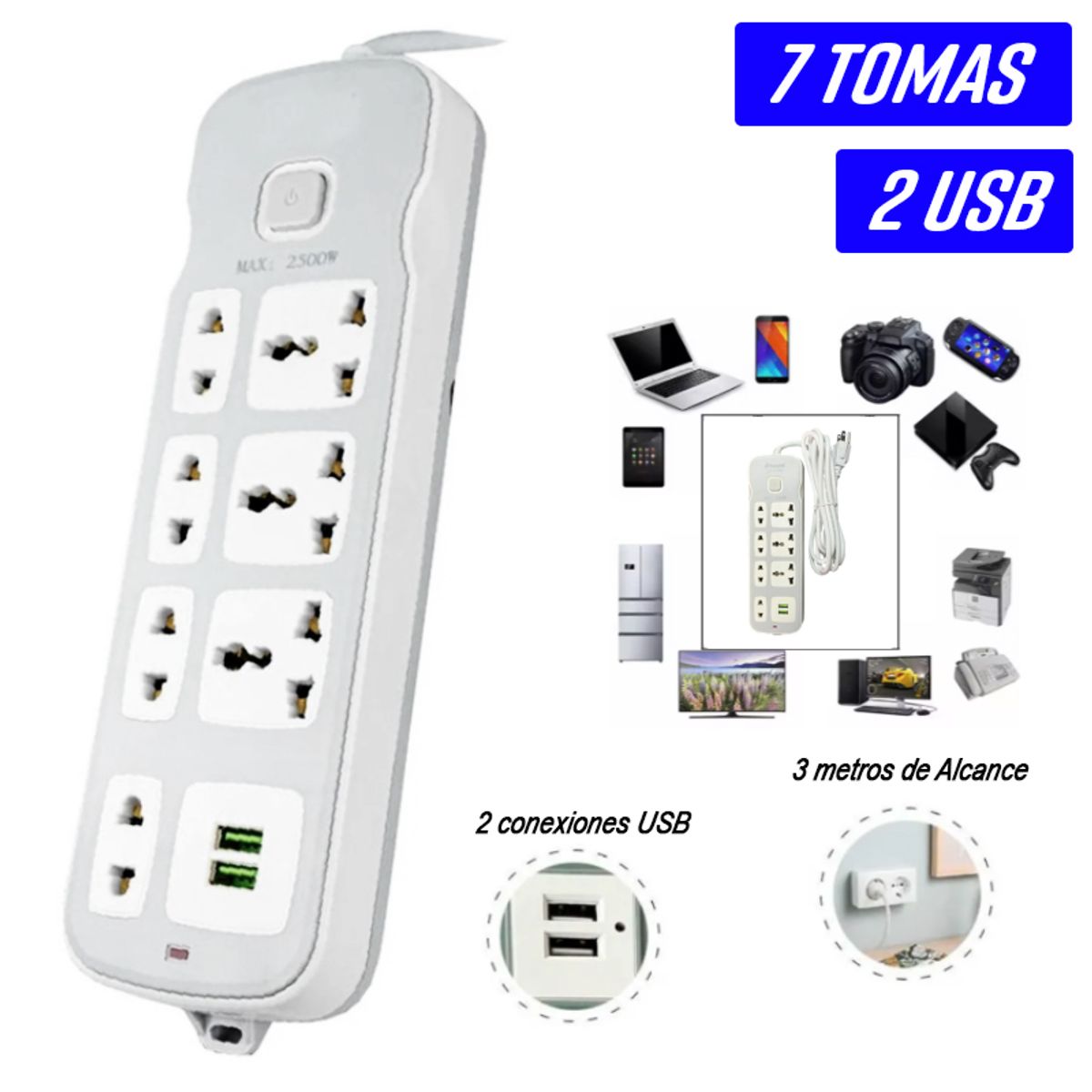 GENERICO - Extensión 7 Tomas Universales 2 USB Supresor Cargador 3m