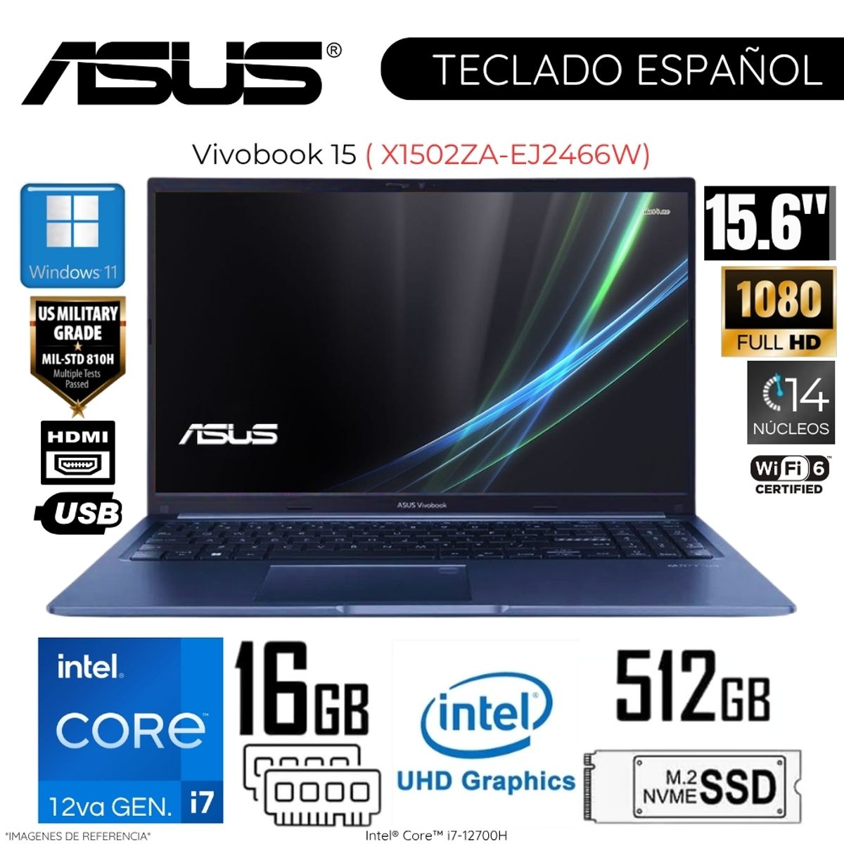 ASUS - Laptop Asus VivaBook 15 X1502ZA-EJ2466W Intel Core i7-12700H 16GB RAM 512GB SSD 15.6"  FHD Windows 11