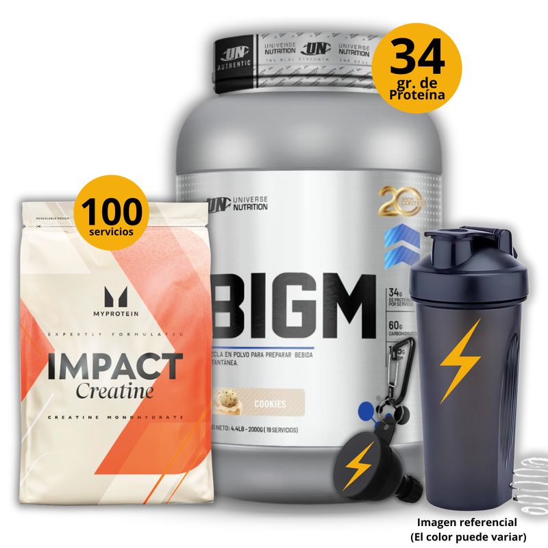 UNIVERSE NUTRITION - Ganador de masa Big M de 2kg Galleta + Creatina Myprotein de 500gr + regalos