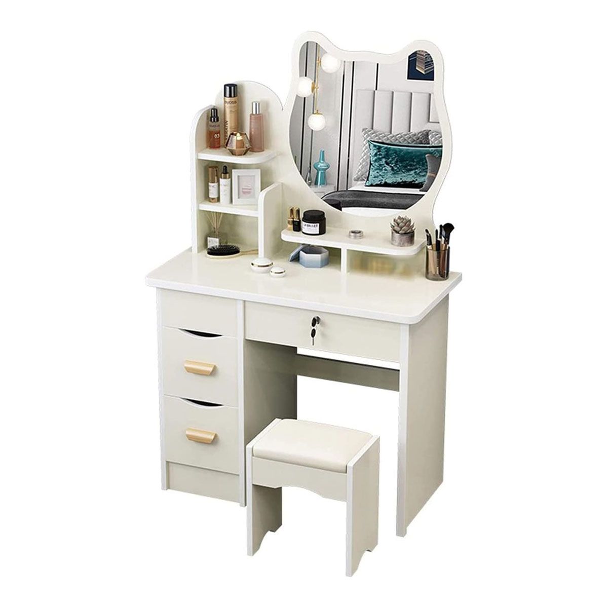 GENERICO - Tocador De Maquillaje Espejo Taburete Para Dormitorio Gato Blanco