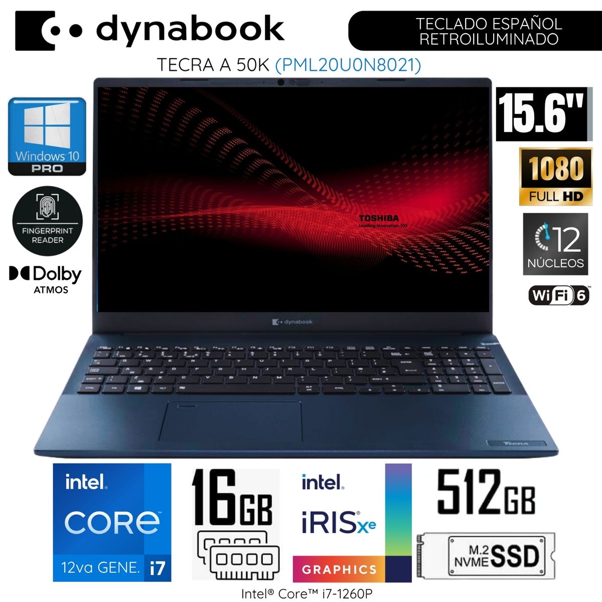 DYNABOOK - Laptop Dynabook Tecra A 50K PML20U0N8021 Intel Corei7-1260P 16GB RAM 512GB SSD 15.6"  FHD WIND 10 PRO