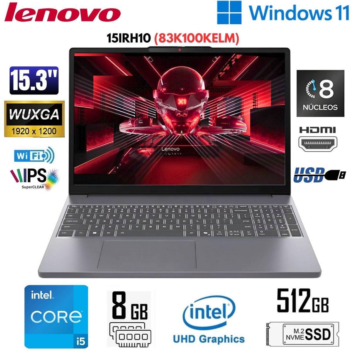 LENOVO - Laptop Lenovo IdeaPad Slim 3 Intel Core i5-13420H 8GB RAM 512GB SSD 15.3" WUXGA - 83K100KELM