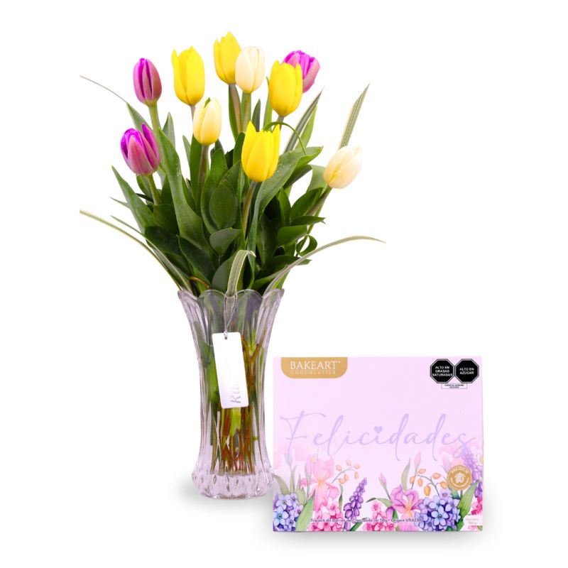 KUKYFLOR - Florero de 10 tulipanes y complemento - Arreglos Florales Naturales
