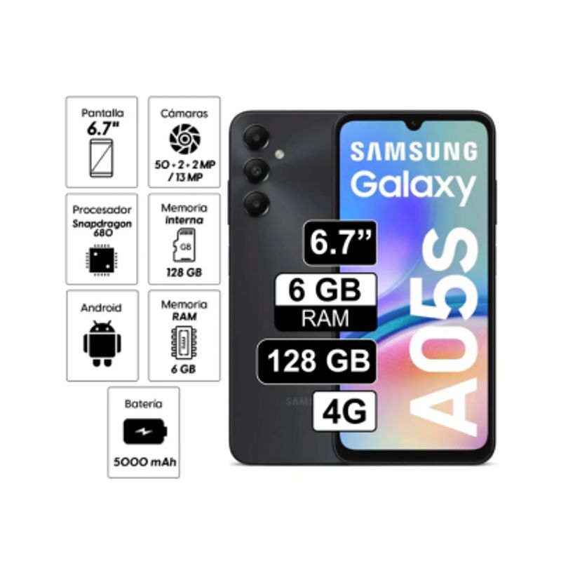 SAMSUNG - Celular Samsung Galaxy A05s 128GB 6GB RAM cámara principal 50MP frontal 13MP 6.7"   - NEGRO