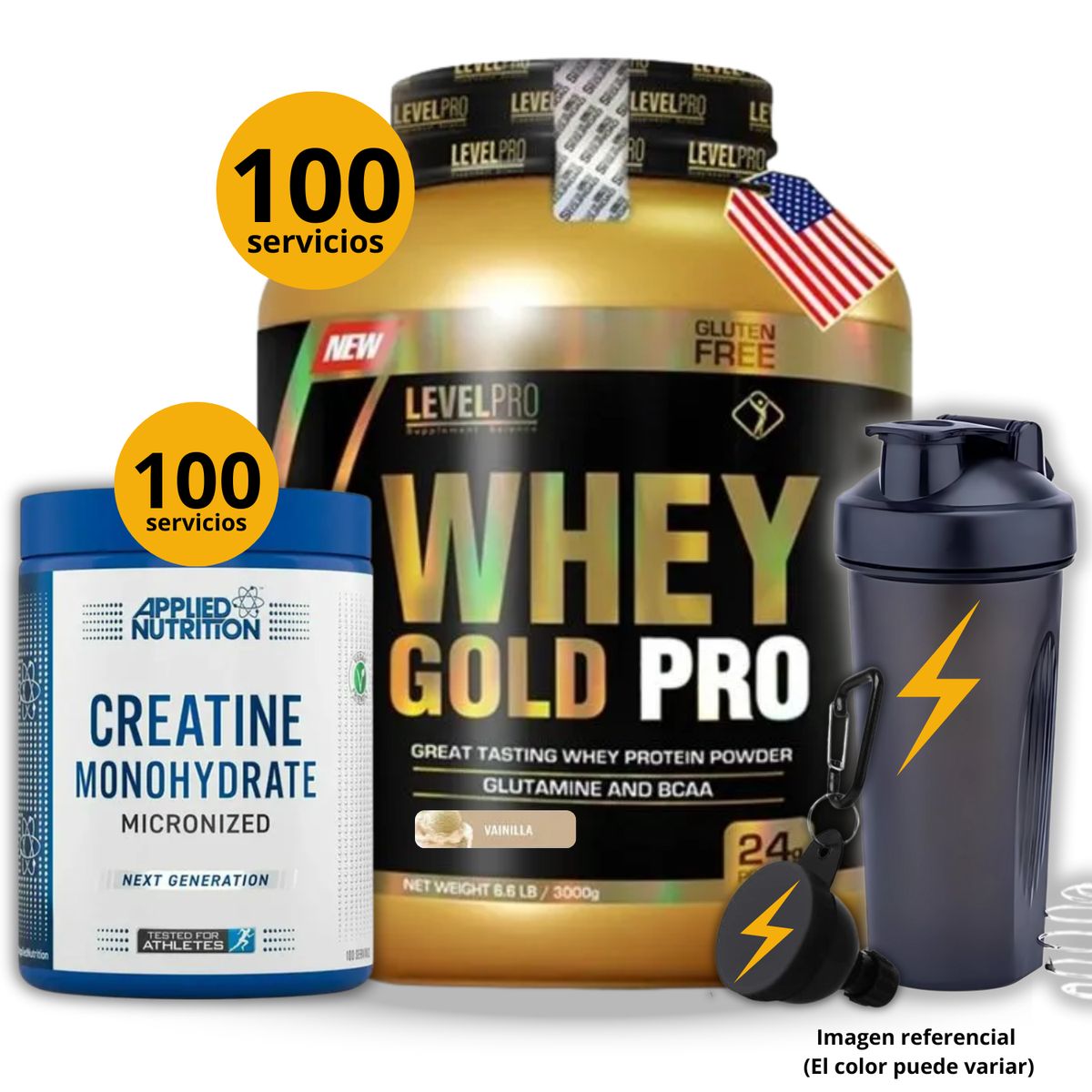 UNIVERSE NUTRITION - Proteína Whey gold pro de 3kg Vainilla + Creatina Applied Nutrition de 500gr + regalos