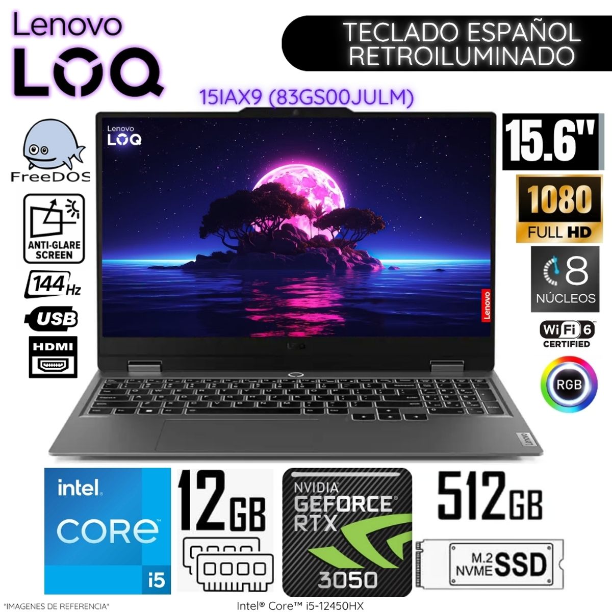 LENOVO - Laptop Gamer Lenovo LOQ Intel Core i5-12450HX 12GB RAM 512GB SSD RTX 3050-6GB 15.6"  FHD - 83GS00JULM