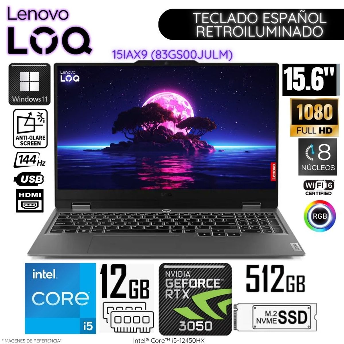 LENOVO - Laptop Gamer Lenovo LOQ Intel Core i5-12450HX 12GB RAM 512GB SSD RTX 3050-6GB 15.6"  FHD - 83GS00JULM