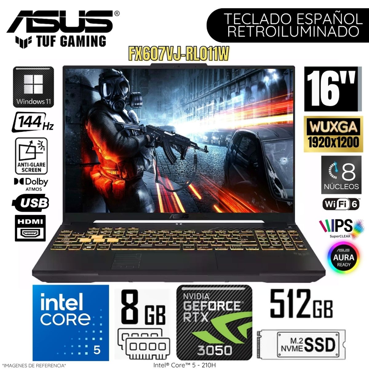 ASUS - Laptop Asus TUF Gaming F16 Intel Core 5 210H 8GB RAM 512GB SSD RTX 3050-6GB 16" WUXGA FX607VJ-RL011W