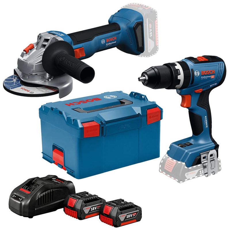 BOSCH - Amoladora 5" + Taladro Percutor 1/2" 18V + 2 Bat 4.0 Ah y Carg + L-Boxx Bosch 0615.A50.0BM-000