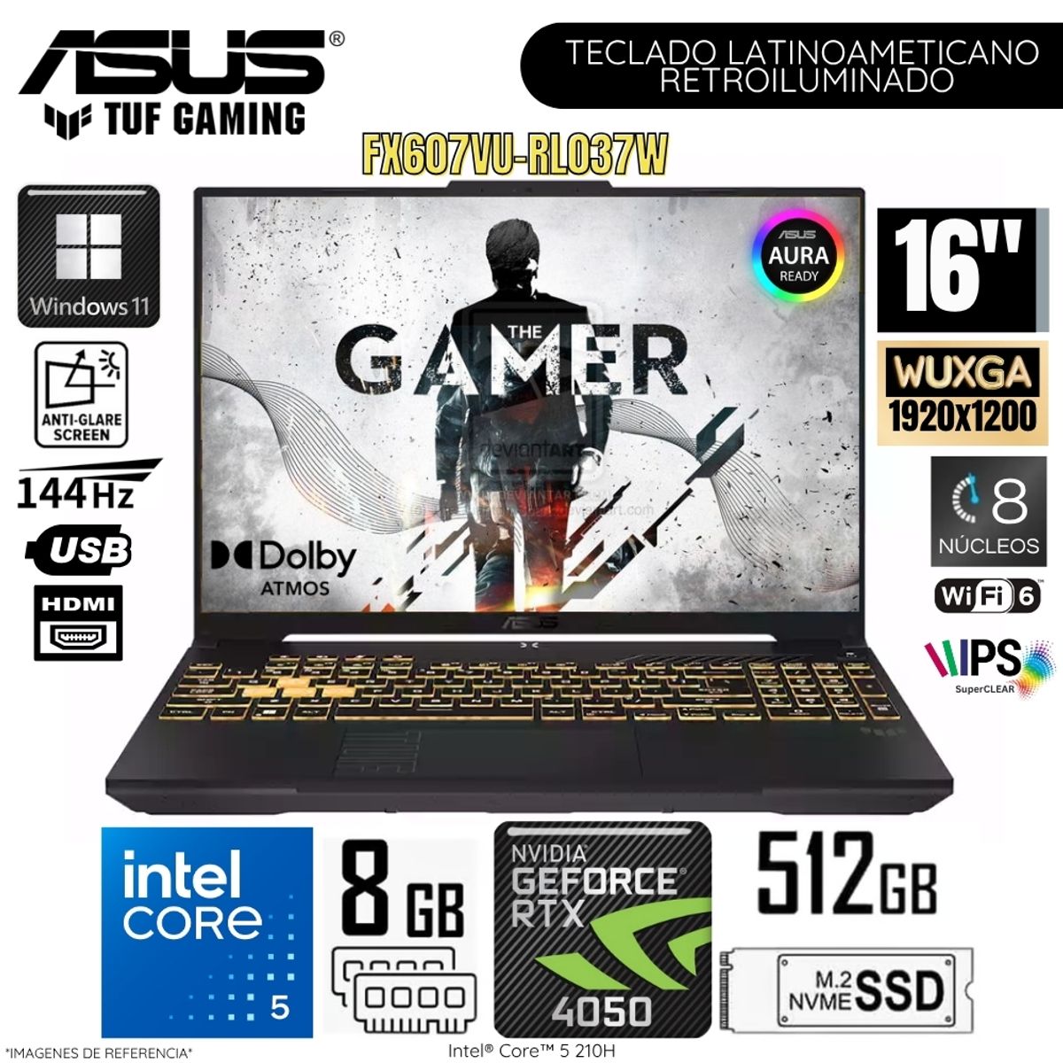 ASUS - Laptop Asus Tuf Gaming F16  FX607VU-RL037W Intel Core 5-210H 8GB RAM 512GB SSD 16"  WUXGA RTX4050-6GB WIN11