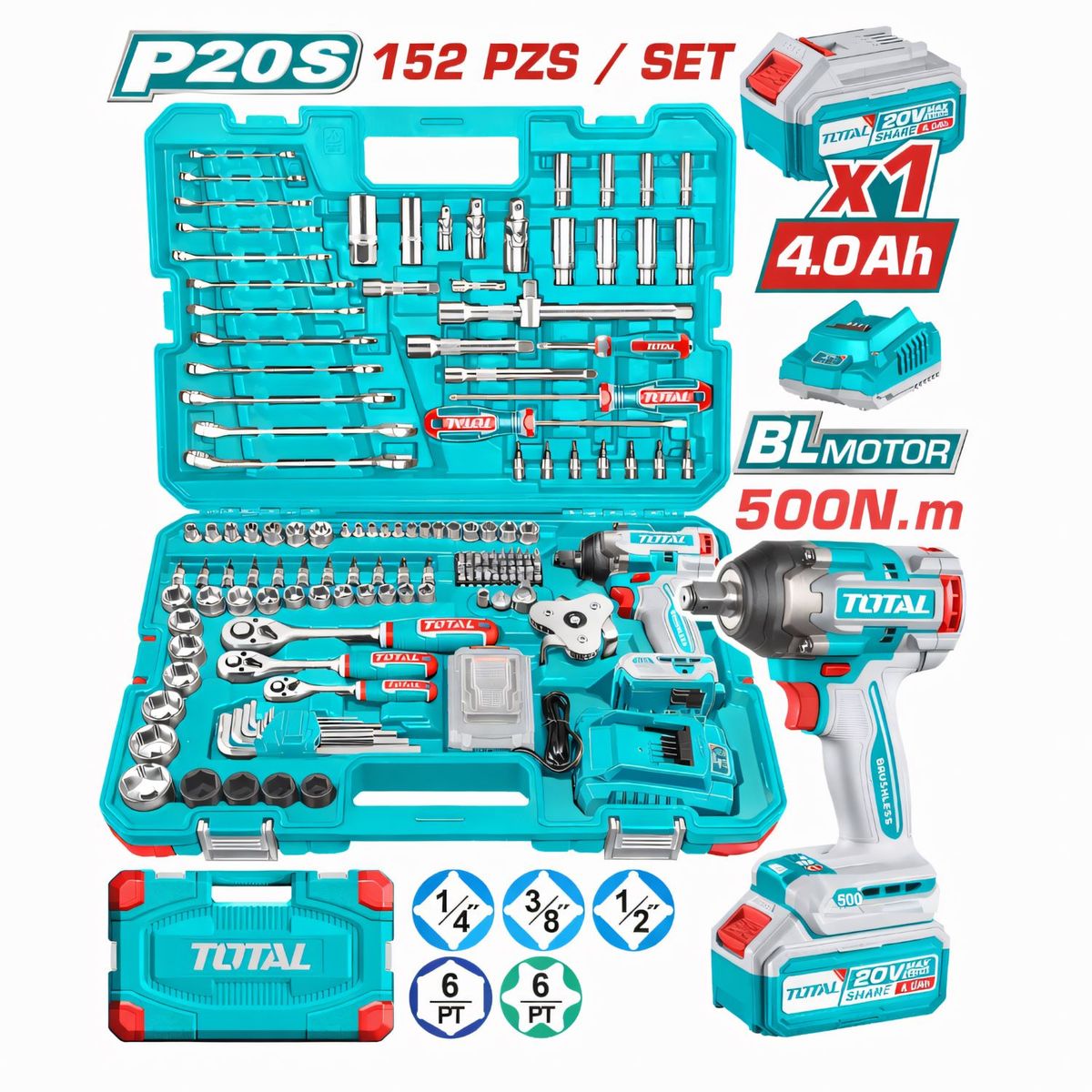 TOTAL TOOLS - Combo De Llave De Impacto 500nm 20v + 152 Herramientas Total -THKTHP31522
