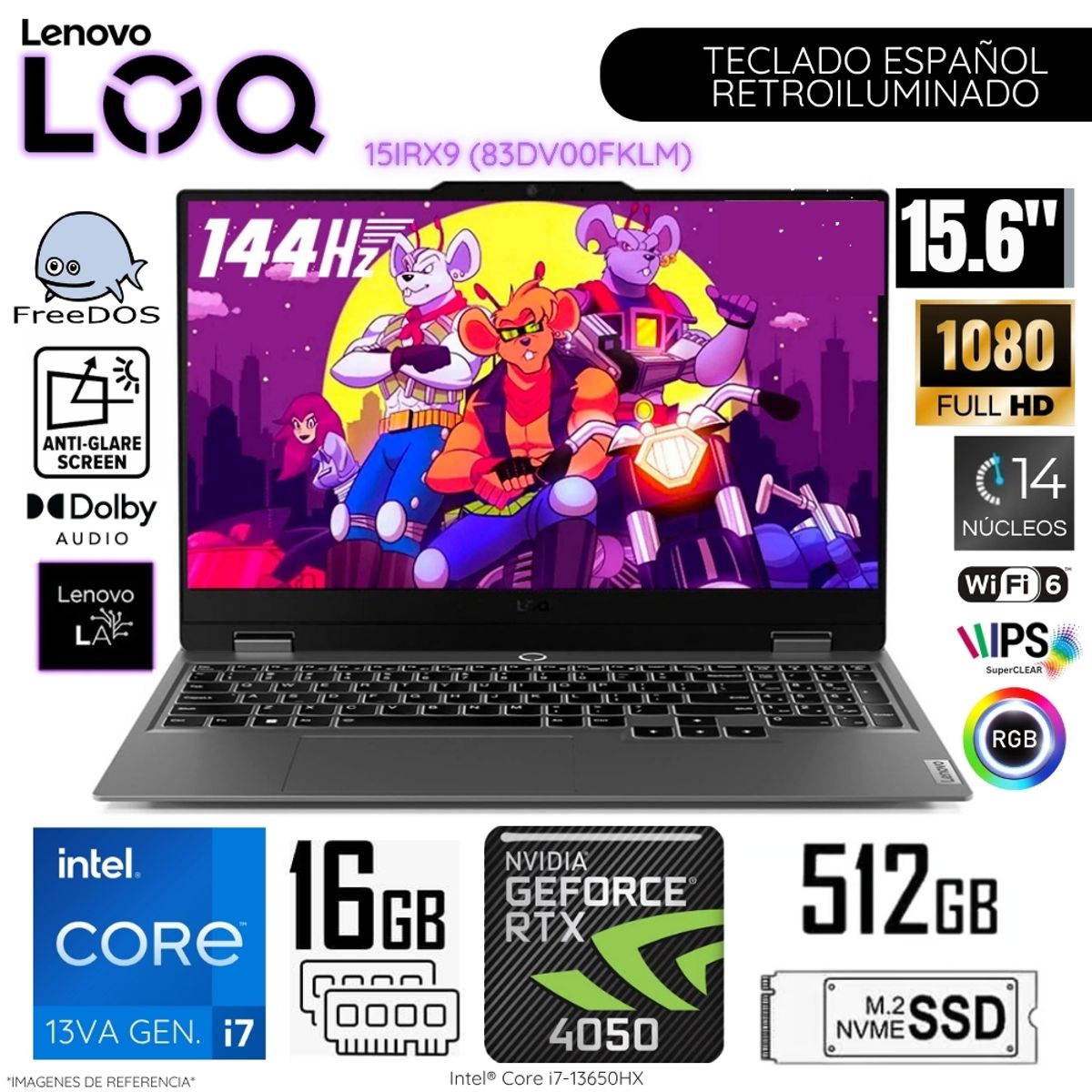 LENOVO - Laptop Lenovo LOQ 15IRX9 Intel Corei7-13650HX 16GB RAM 512GB SSD 156 FHD RTX4050-6GB 83DV00FKLM