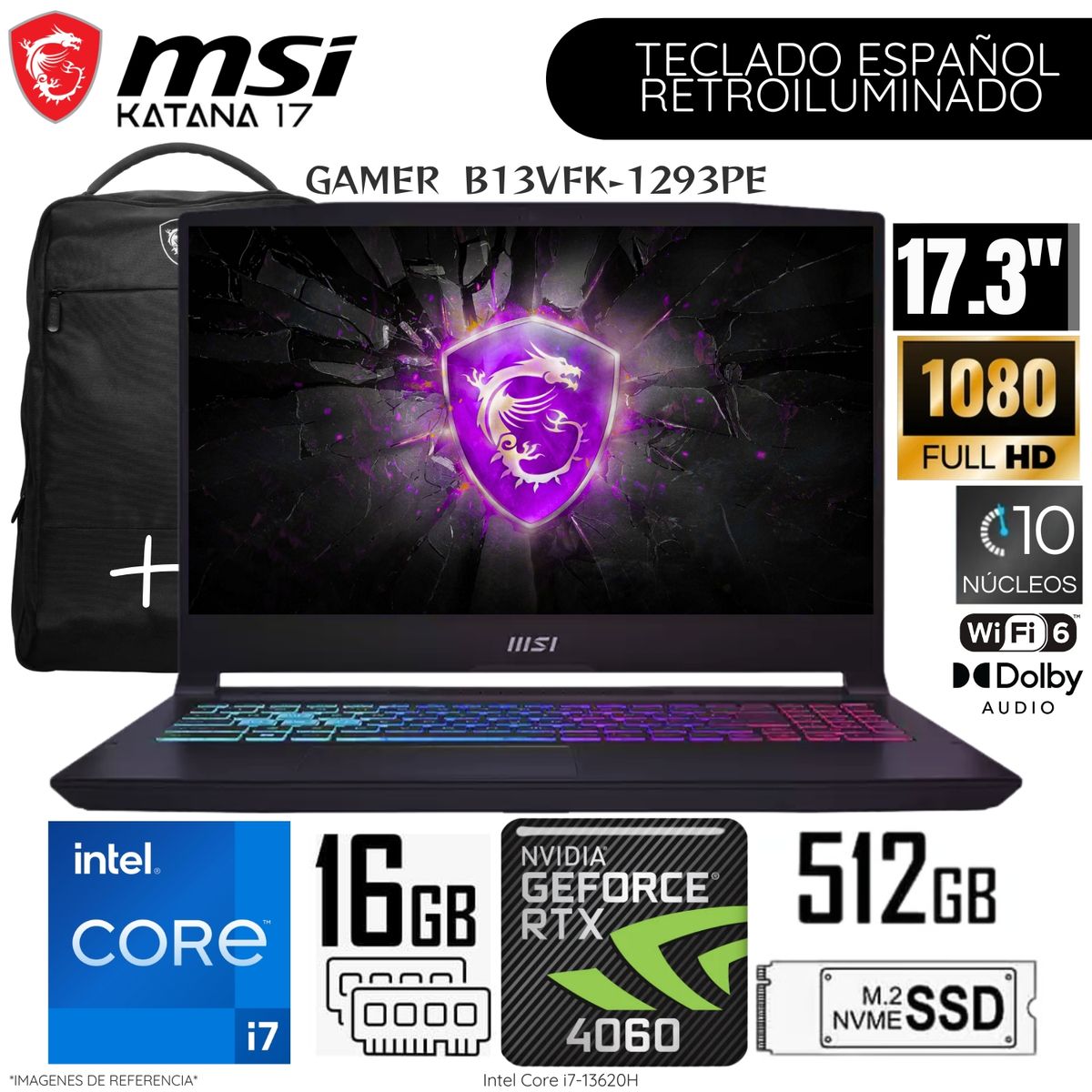 MSI - Laptop MSI Katana 17 B13VFK-1293PE Intel Corei7-13620H 16GB RAM 512GB SSD 17.3"  FHD RTX4060-8GB WIN11