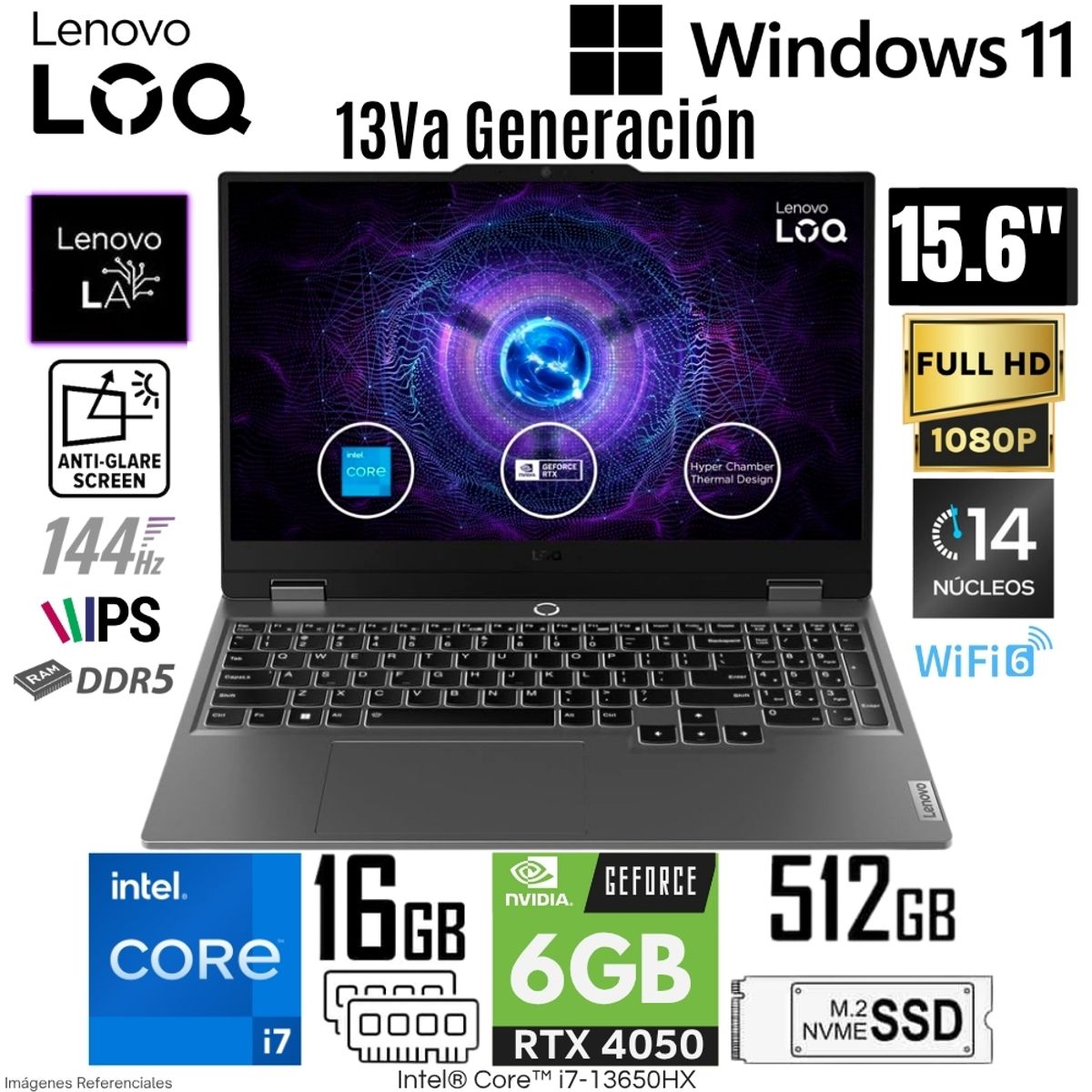 LENOVO - Laptop Lenovo LOQ Gaming 15IRX9 Intel Core i7-13650HX 16GB RAM 512GB SSD RTX 4050-6GB 15.6"  FHD 144Hz