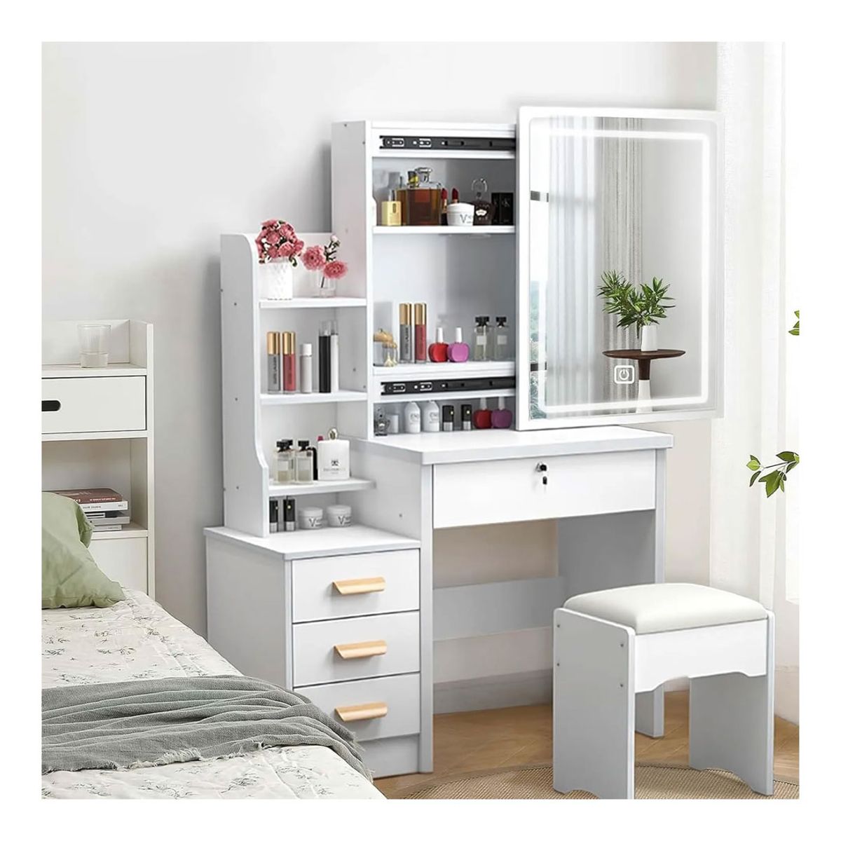 GENERICO - Tocador De Maquillaje Espejo Con Luz LED Taburete Para Dormitorio Blanco